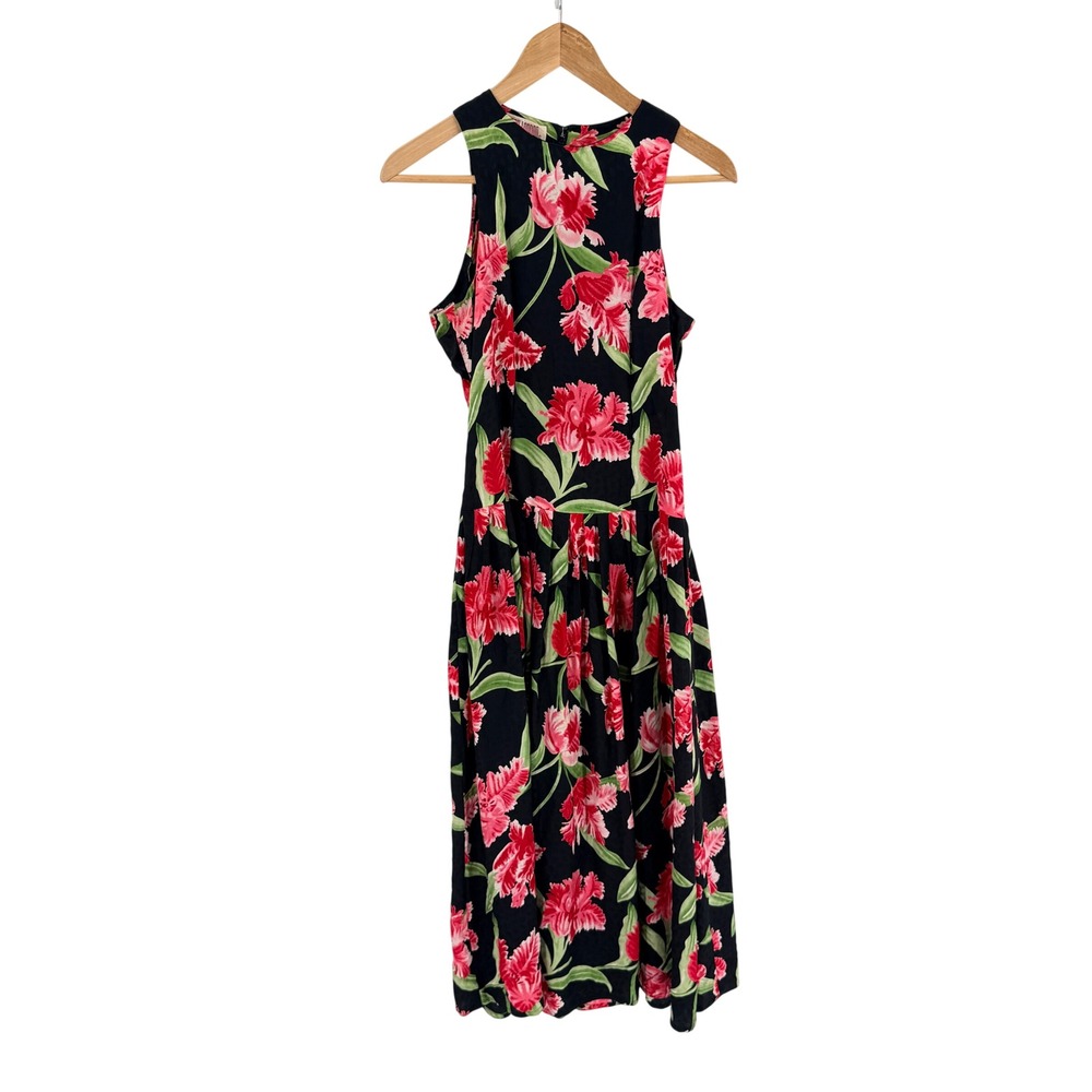 Vintage 90s Maggy London Floral Dress Black Pink 4 Silk Sleeveless Midi Dress